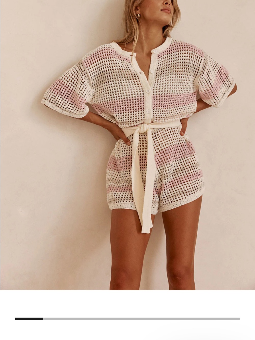 SABO Easton Playsuit - Cream Stripe White Crochet Tie-Waist Cover-Up Romper Med